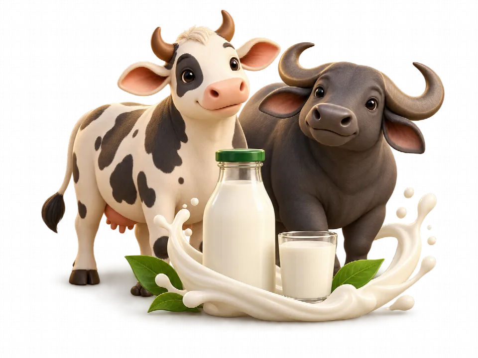 Friendly 3D-style cow and buffalo with a fresh milk bottle and glass